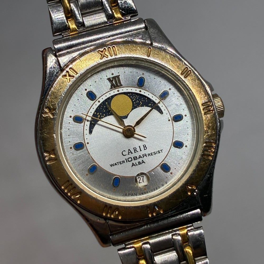 Vintage Seiko Alba Carib Moonphase V894-0220 Two Tone Ladies Watch